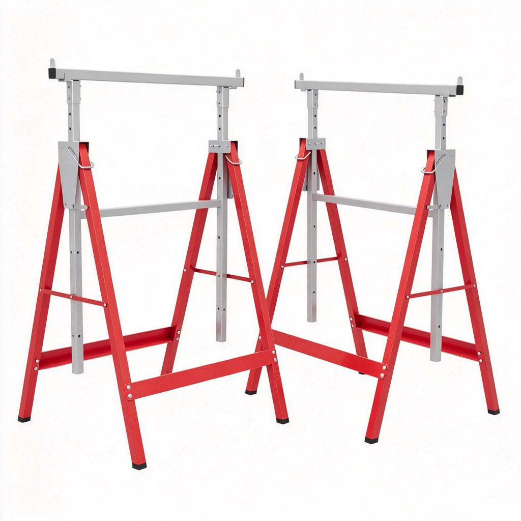 2-Pack Heavy-Duty Folding Sawhorse, Adjustable Height Steel Work Stand, Red