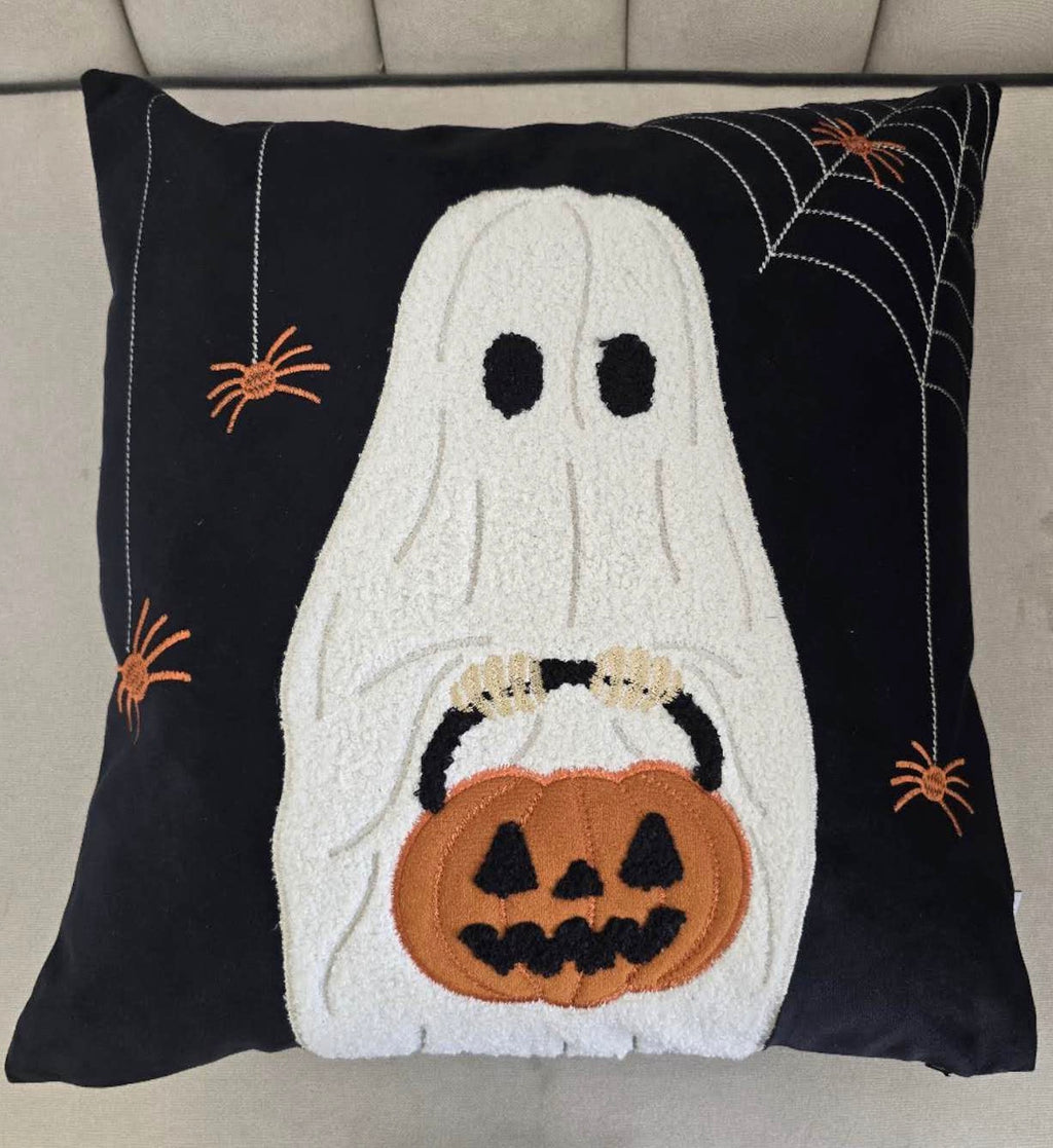 Halloween Ghost with Pumpkin Bucket Throw Pillow