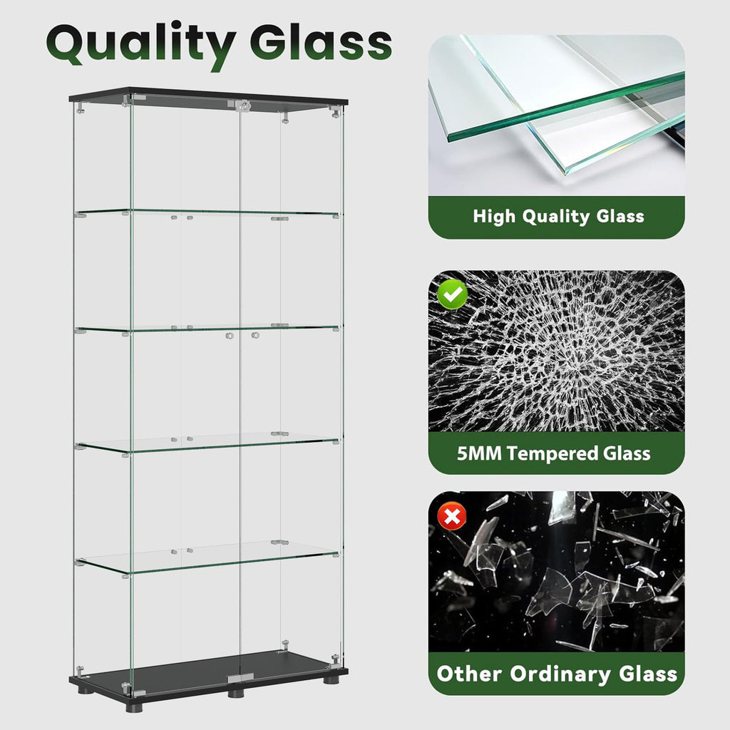 Glass Display Cabinet with 5-Shelf Double Doors and Lock