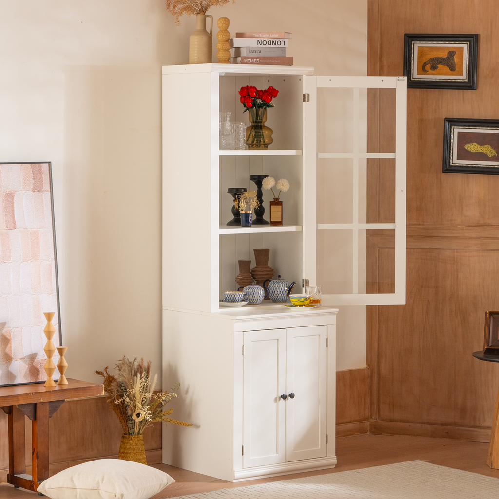 Freestanding Pantry Cabinet with Glass Door & Lattice Window