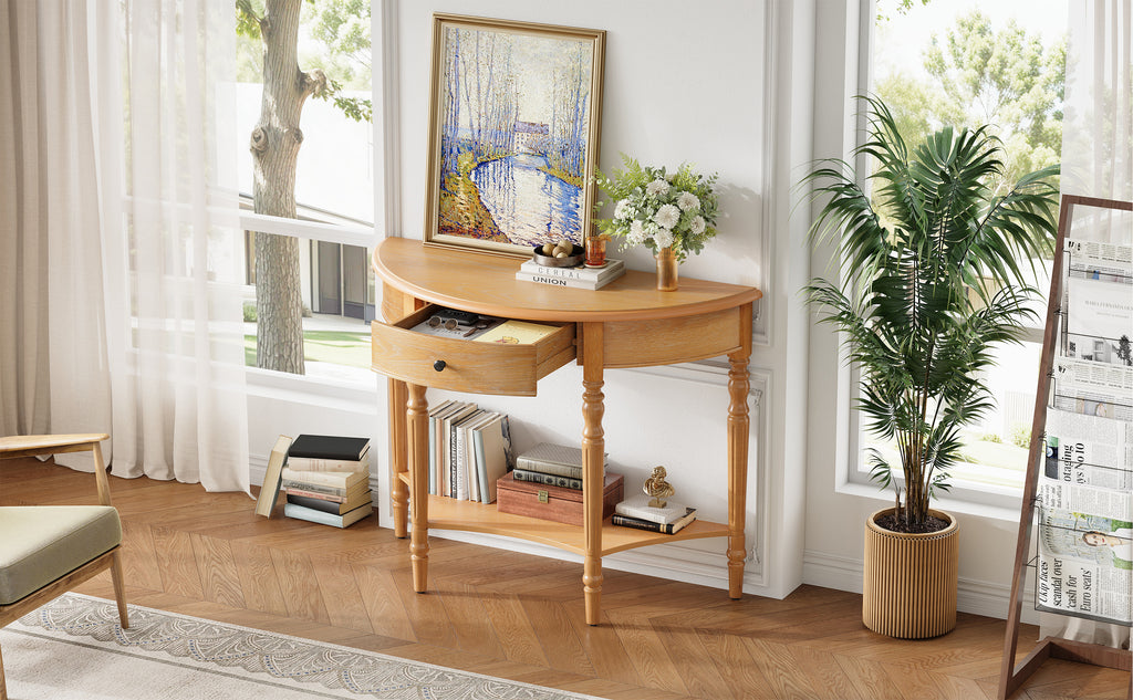 TREXM Farmhouse Half Moon Console Table with Drawer & Shelf - Rustic Accent Table