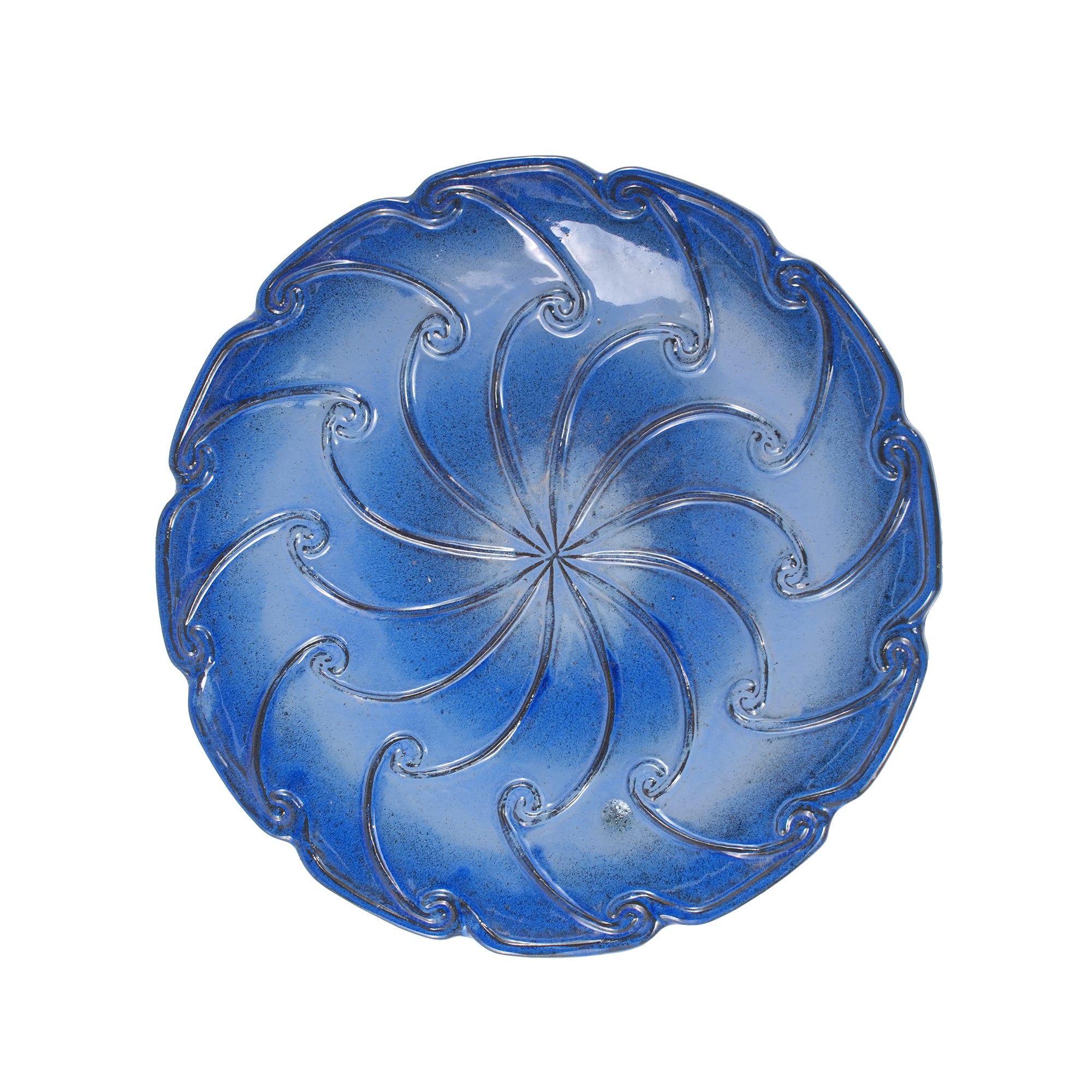 Handmade Glazed Ceramic Bird Bath, 17" Swirling Scroll Embossed Tray
