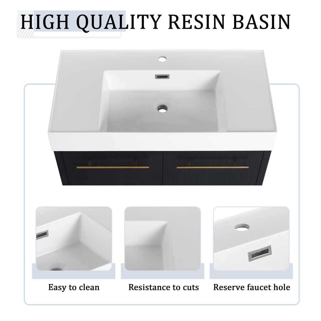 36 Inch Wall-Mounted Bathroom Vanity with Sink and Storage Rack