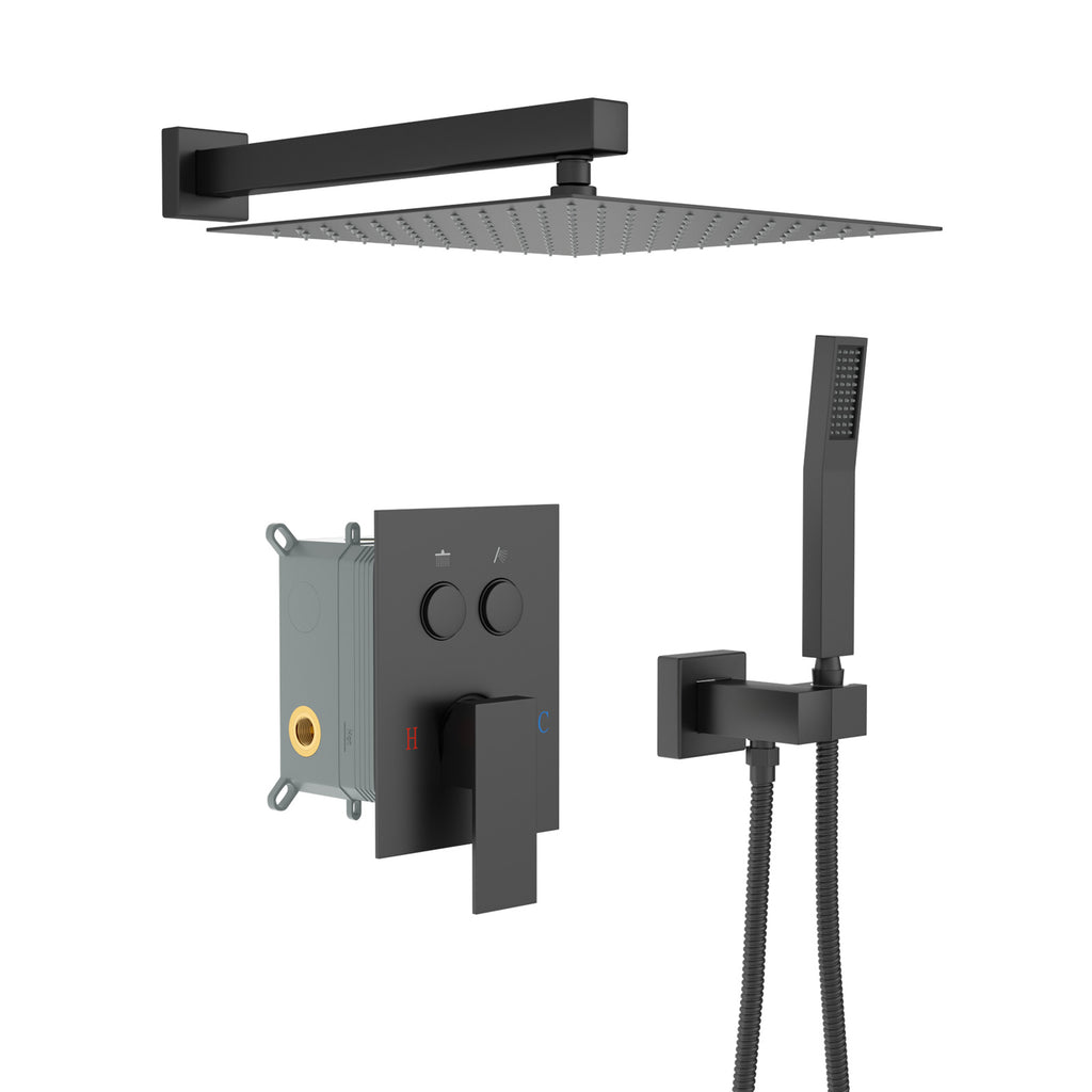 Dual Shower Head - 12 Inch Wall Mounted Square Shower System with Rough-in Valve, Matte