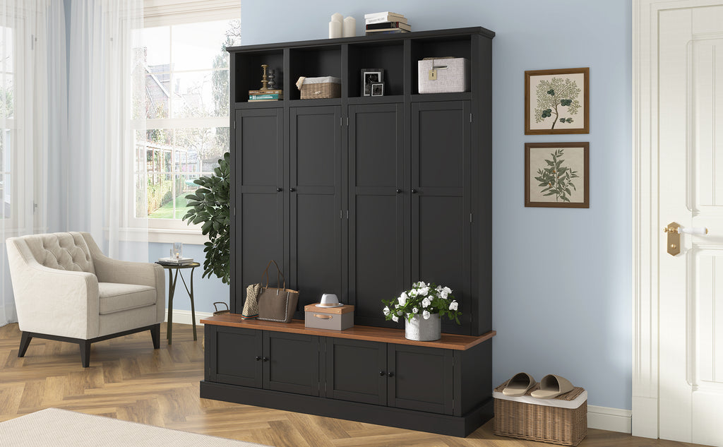 VIBE HAUS 76.7''H Farmhouse Hall Tree with Bench and Cabinet