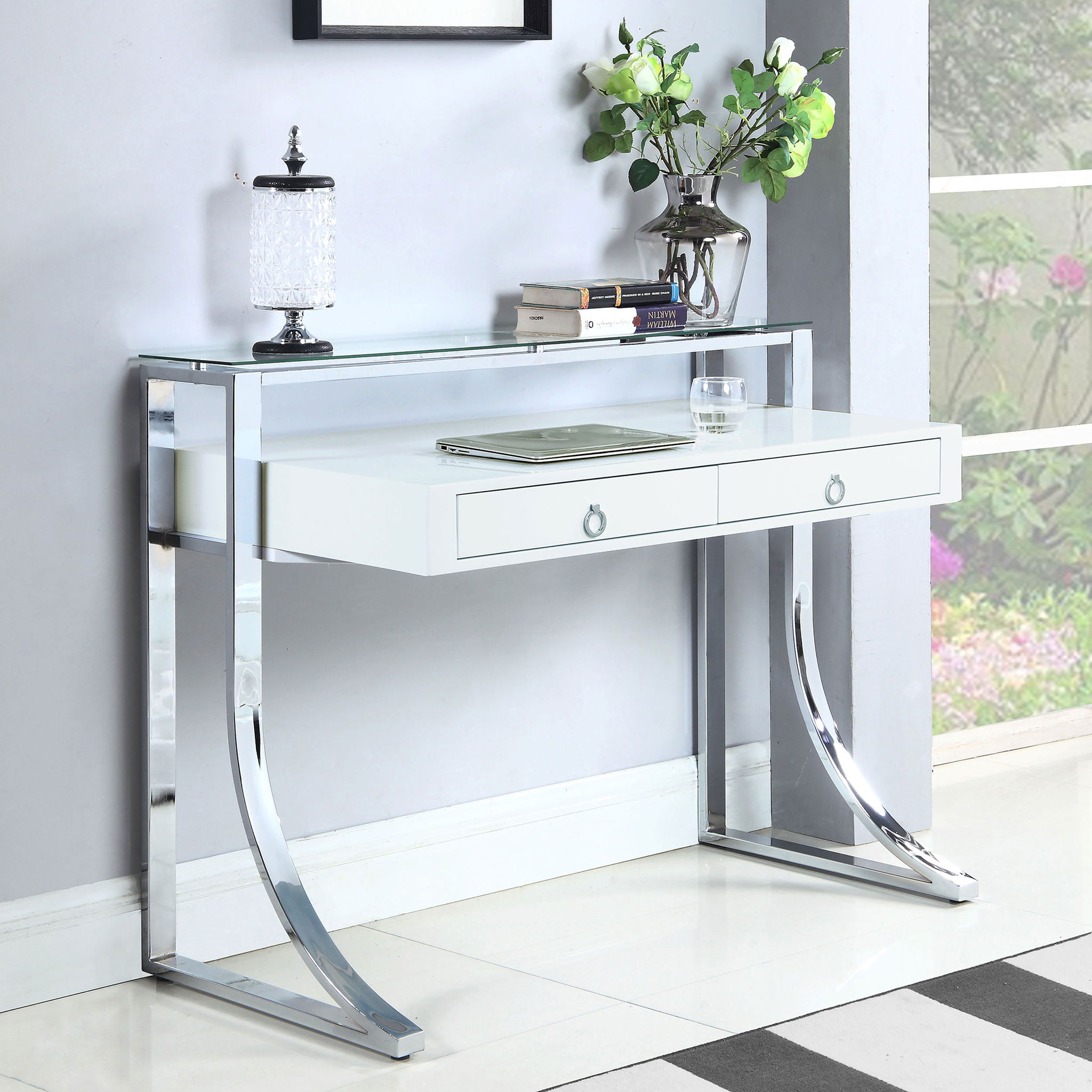 Serrano - 2 Drawer Writing Desk With Polished And Tempered Glass Hutch - Glossy White