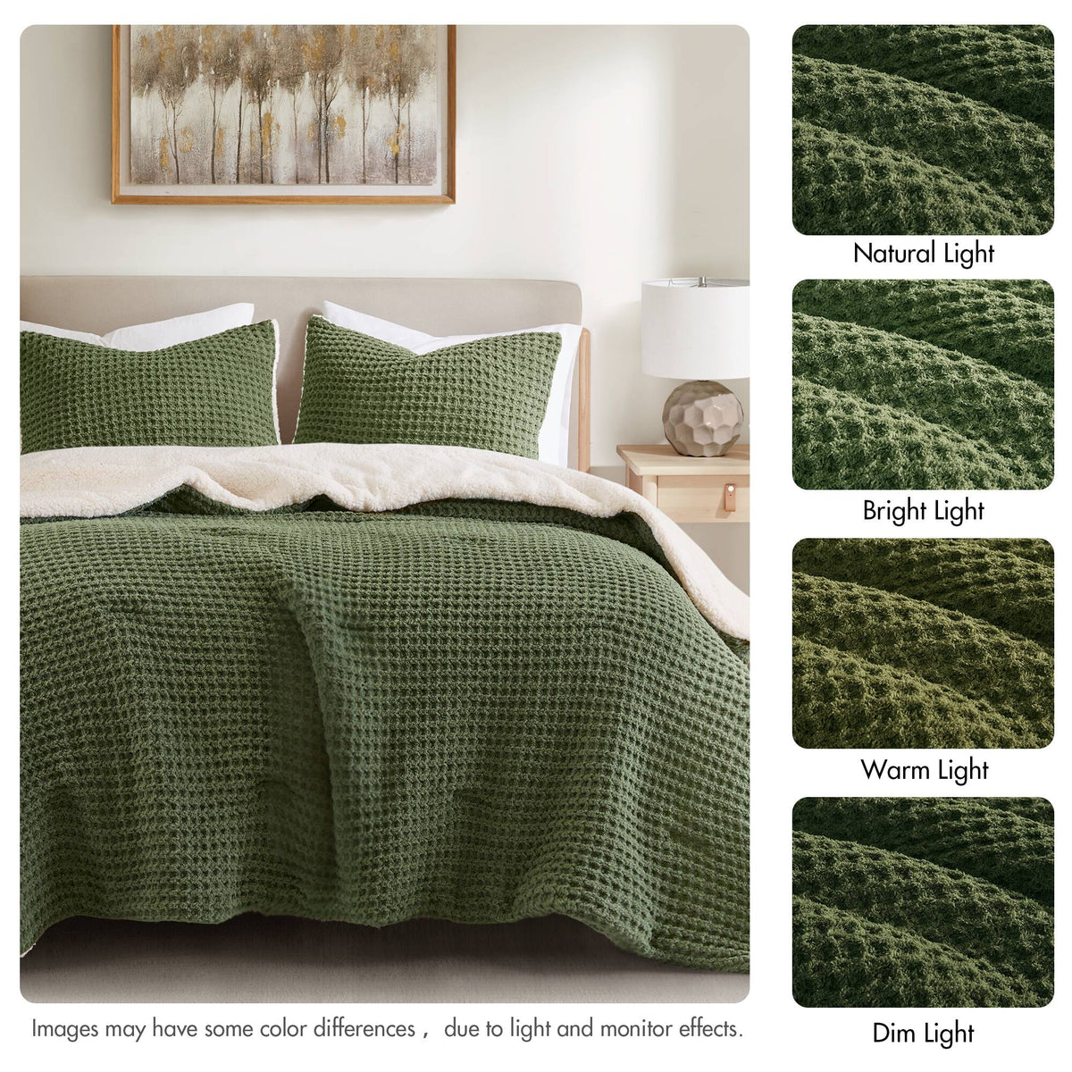3 Pieces Full/Queen Waffle Knit Chenille Comforter Set - Olive