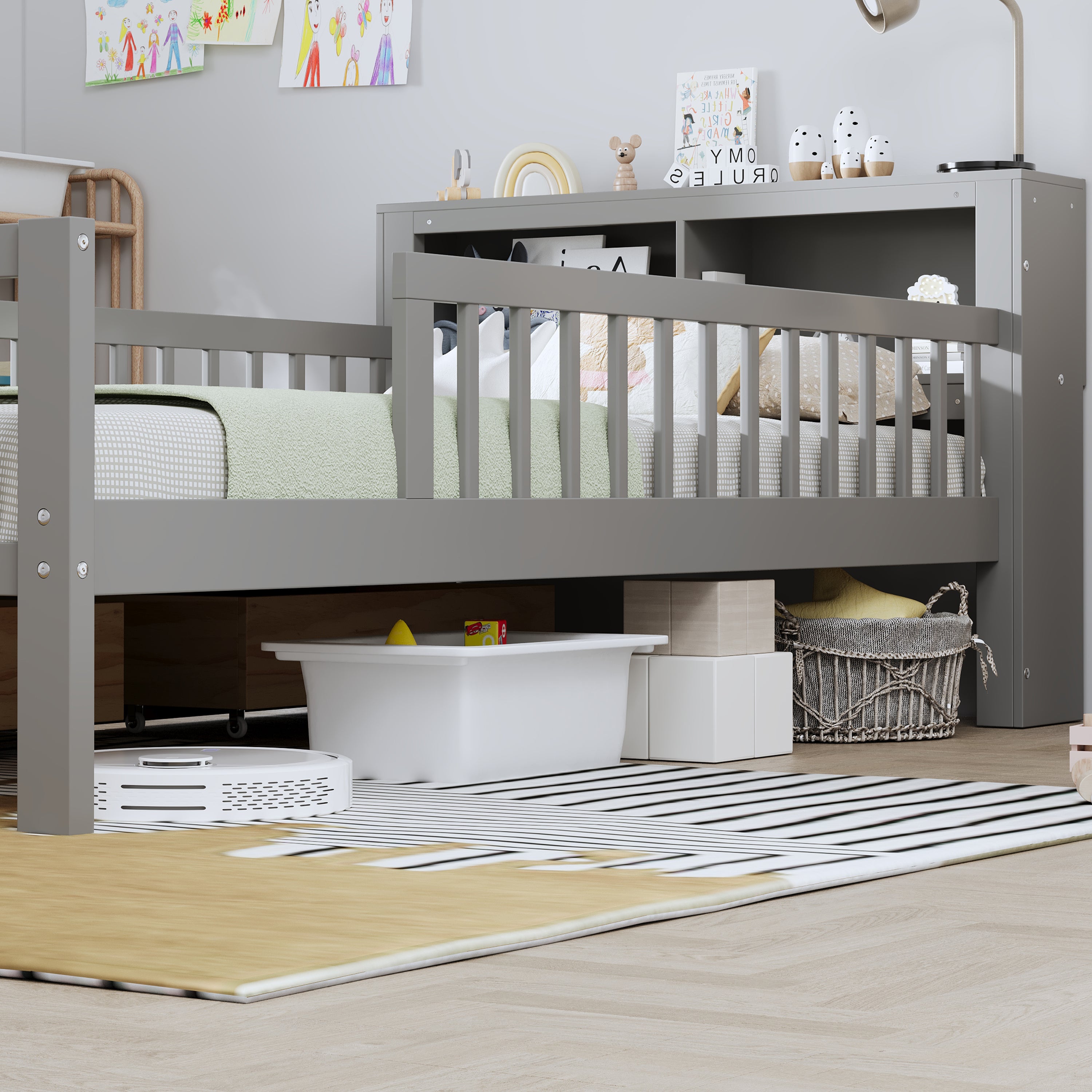 Twin Size Bed with Headboard Storage Rack and Under-Bed Drawers