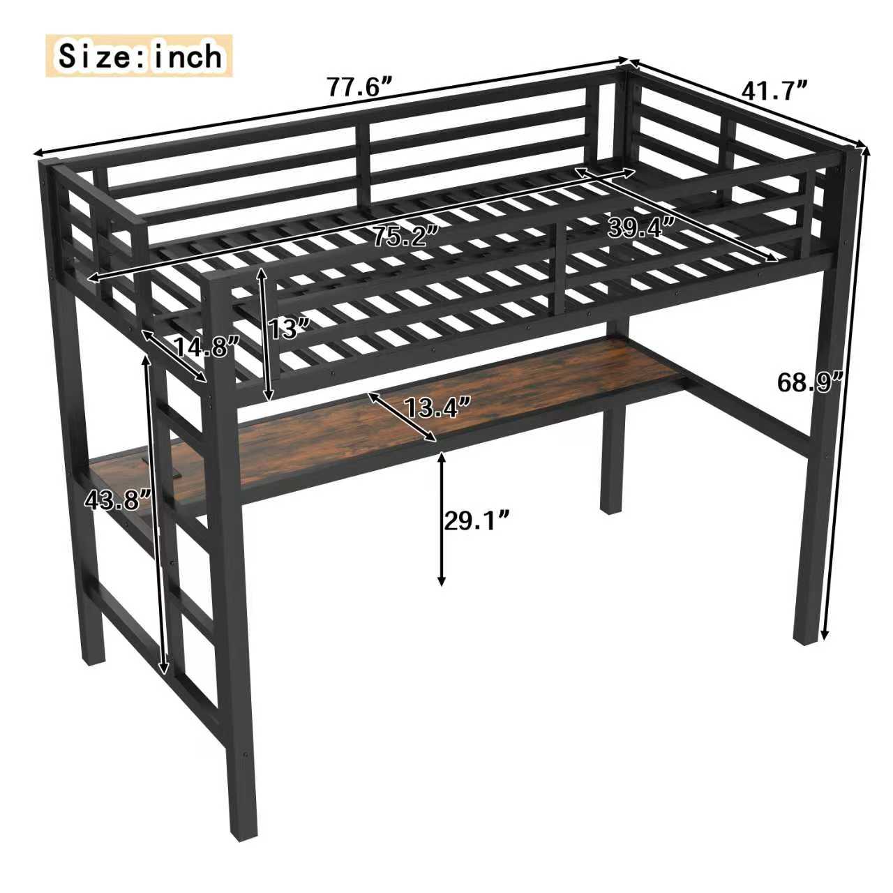 Metal Twin Size Loft Bed with Power Outlet and LED Light