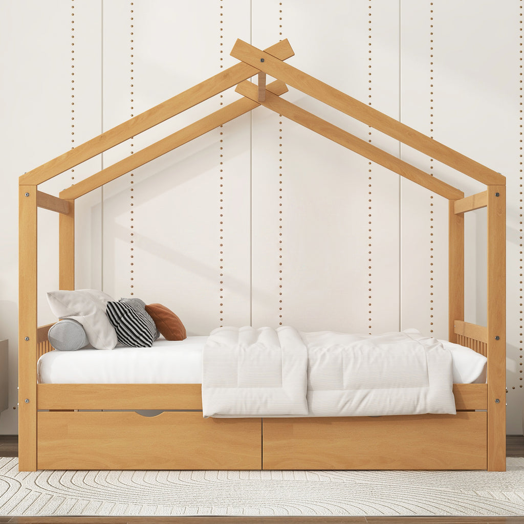 Full Size House Platform Bed with Two Drawers, Headboard and Footboard, Roof Design
