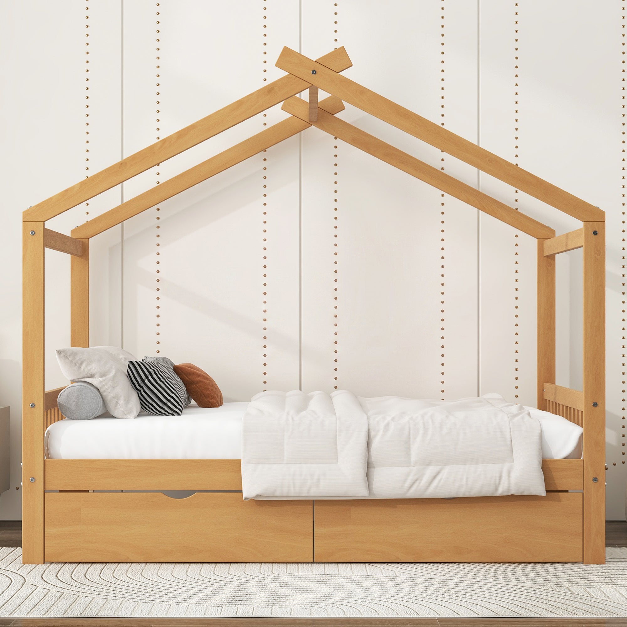 Full Size House Platform Bed with Two Drawers, Headboard and Footboard, Roof Design