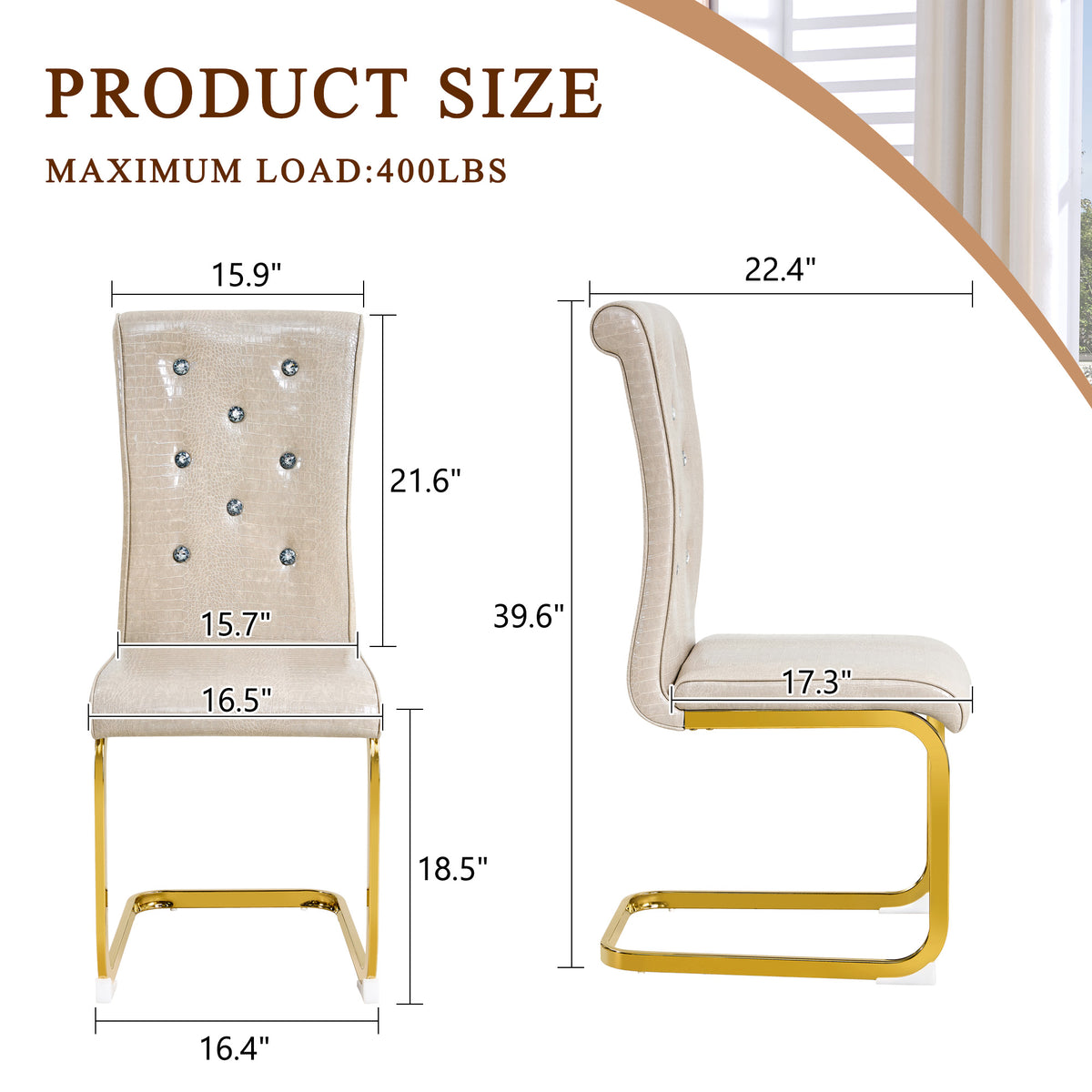 Set of 4 Retro Alligator Skin Dining Chairs, Beige Faux Leather with Crystal Buckles