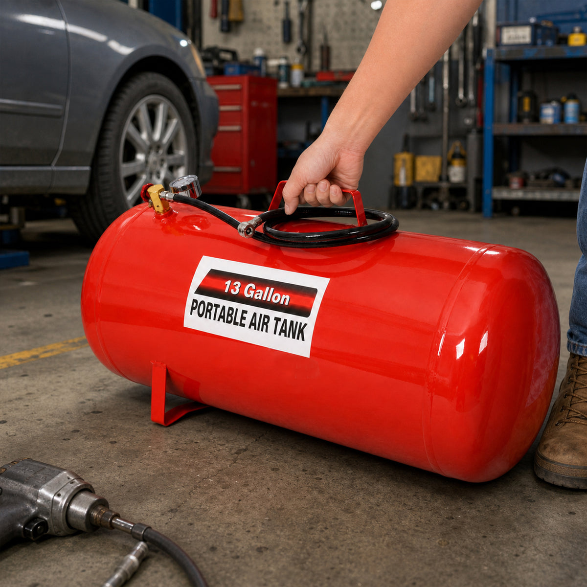 Portable 13 Gallon Air Tank, Lightweight Durable Air Compressor Tank with Pressure Gauge, Safety Valve and 43 Inch Hose for Easy Tool Connection