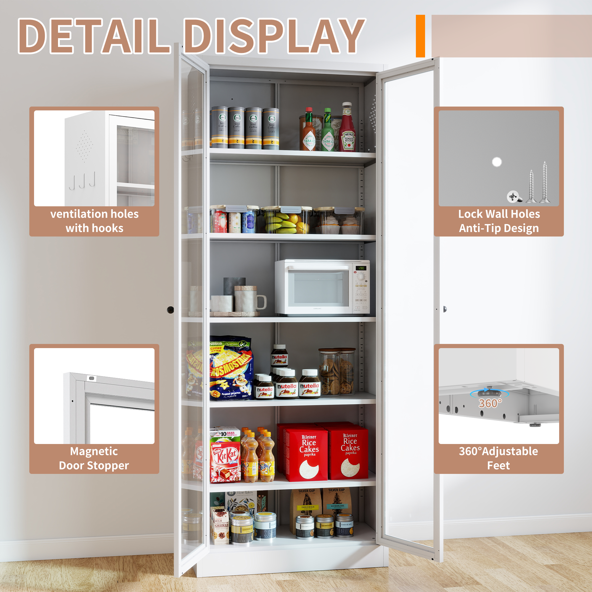 Metal Kitchen Pantry Cabinet - 72" Tall Storage with 5 Adjustable Shelves