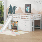 Full Size Low Loft Bed with Slide and Storage Drawers