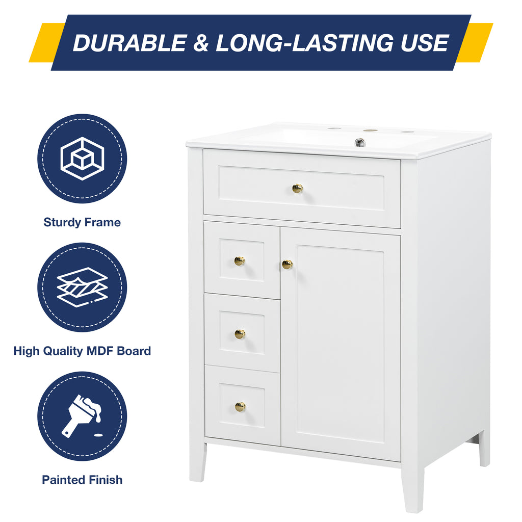 24" Modern Bathroom Vanity with Ceramic Sink and Storage Rack