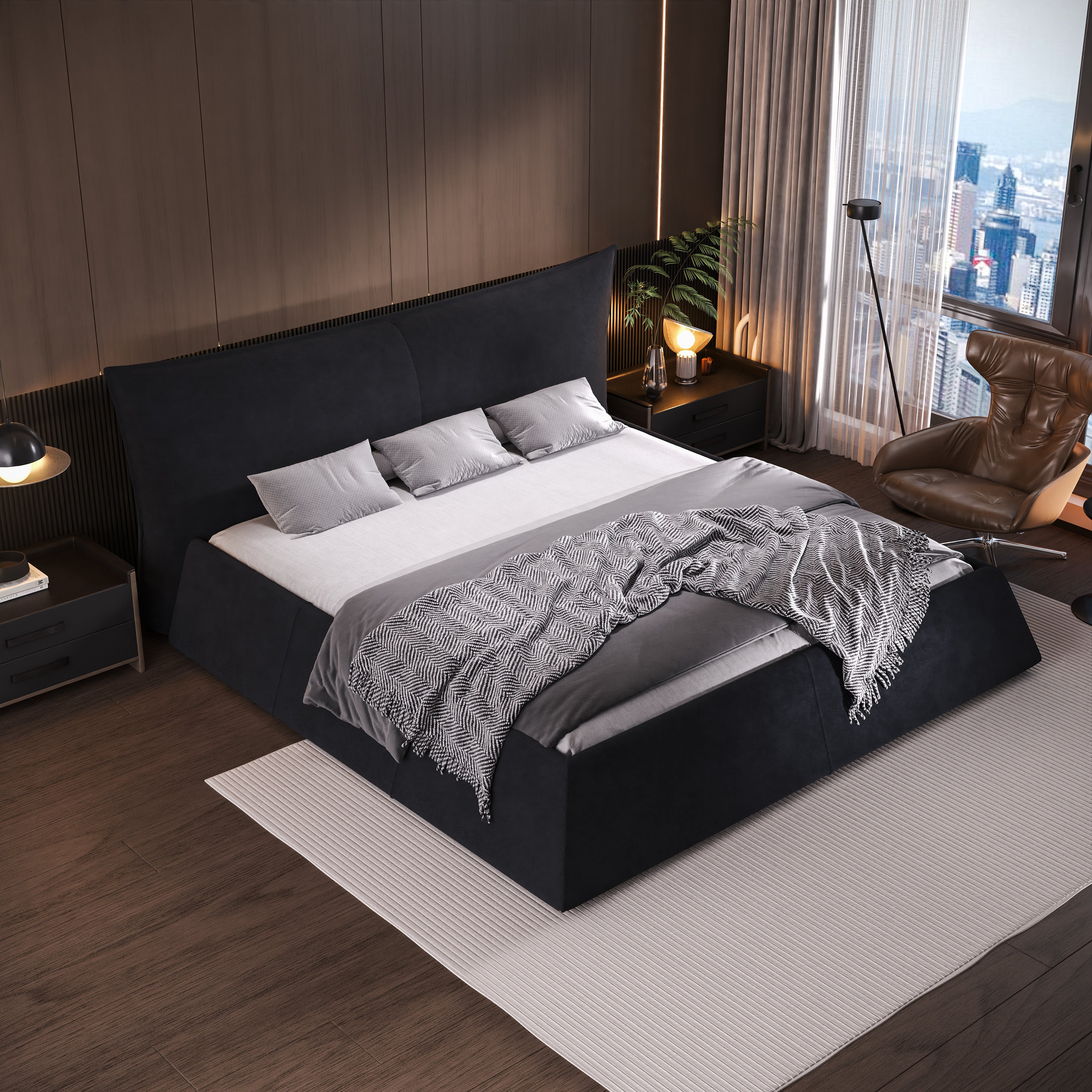 Queen Size Upholstered Platform Bed with Special Shaped Velvet Headboard