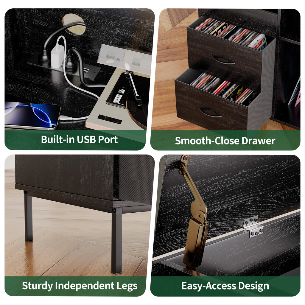 Record Player Stand with Power Outlet & Flip-Down Lid