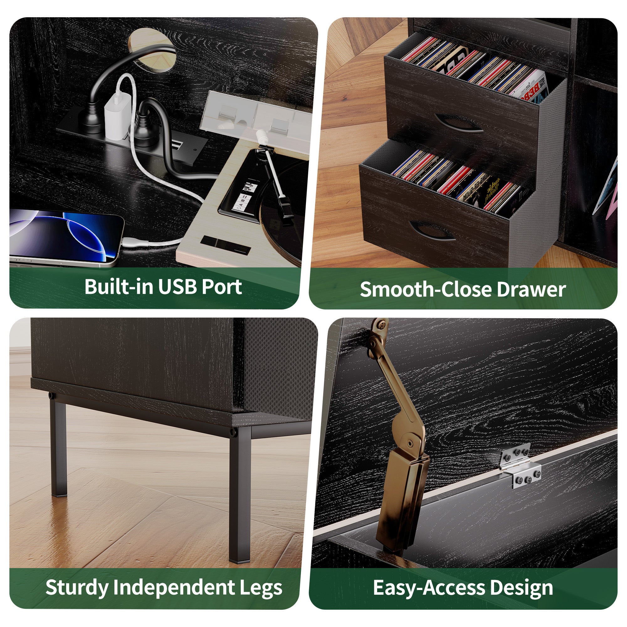 Record Player Stand with Power Outlet & Flip-Down Lid