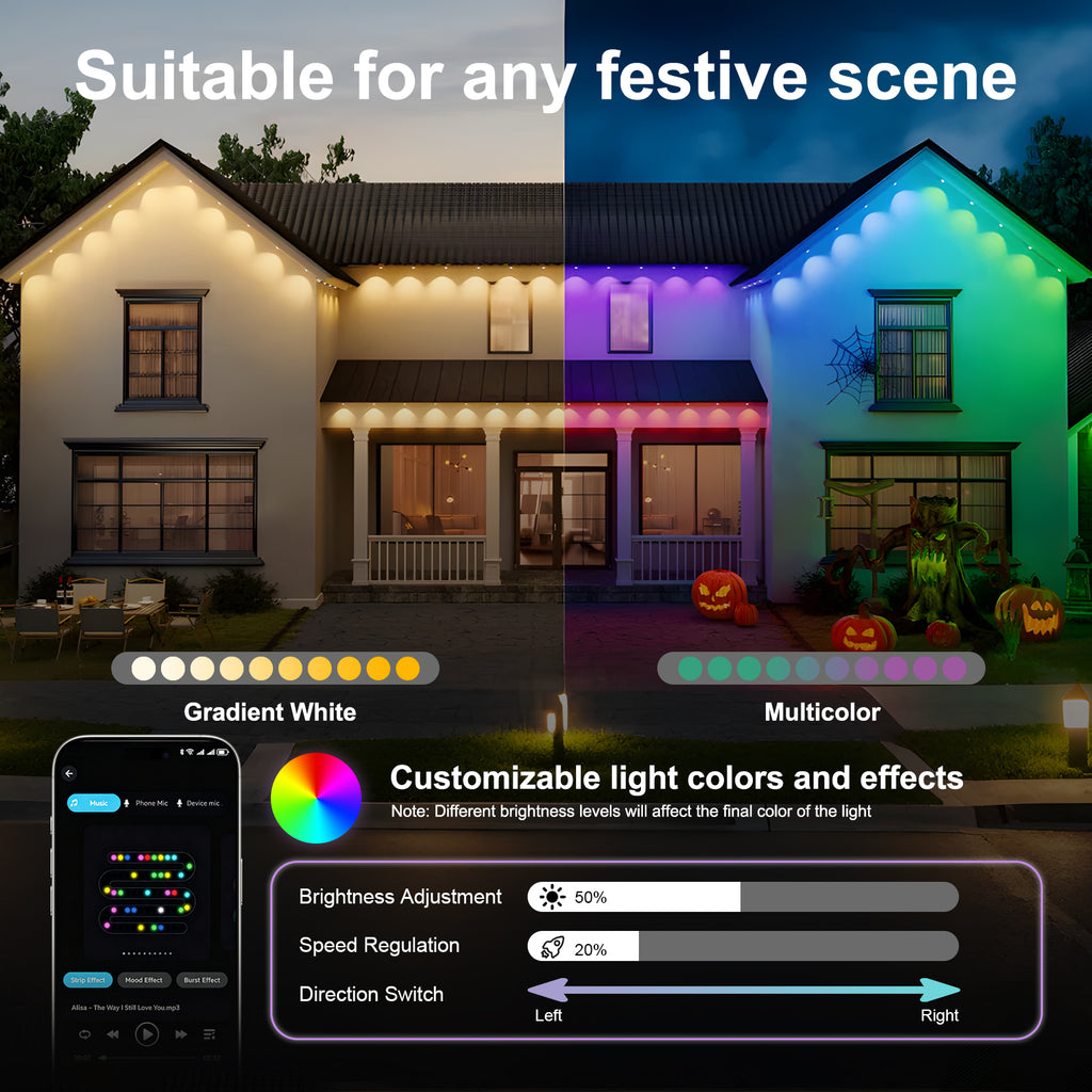 50ft Smart RGB Outdoor Lights with 30 LED Eaves Lights