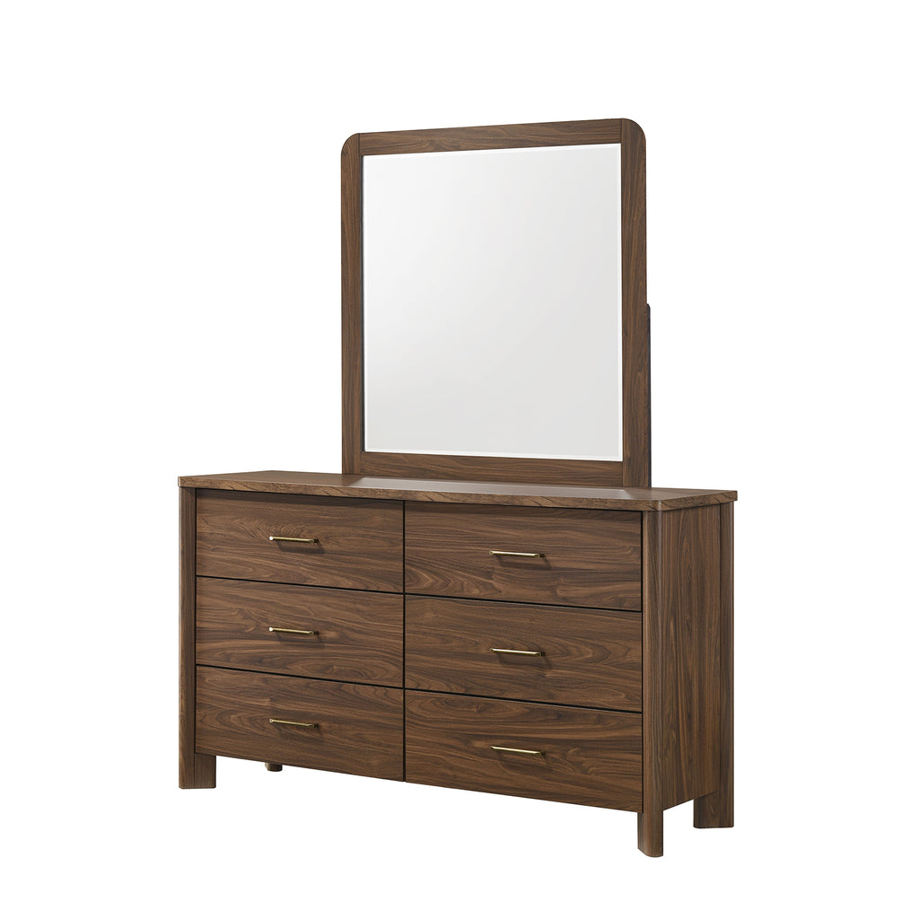 Walnut Color Dresser 6-Drawers Bedroom Furniture Solid wood Mid-Century Modern Rounded Edges 1pc