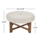 Beige Fabric Round Ottoman with Solid Wood Cross Base