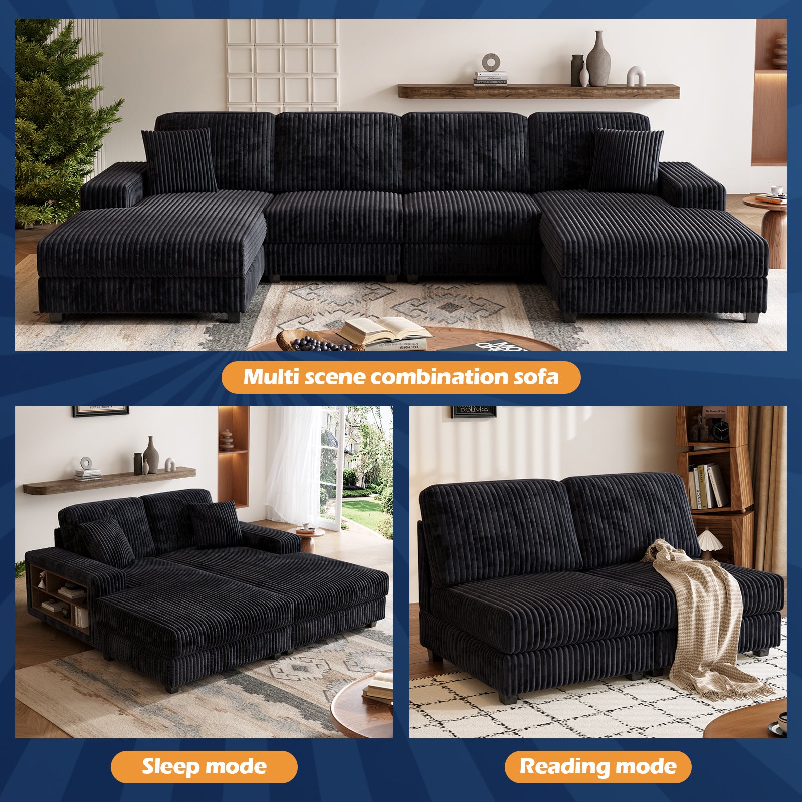 Convertible U-Shaped Combination Sofa, Corduroy Fabric