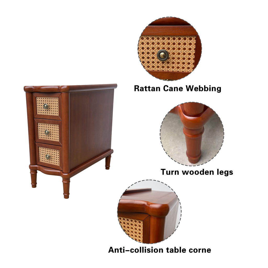 End Table - Rattan Narrow Side Table with 3 Drawers