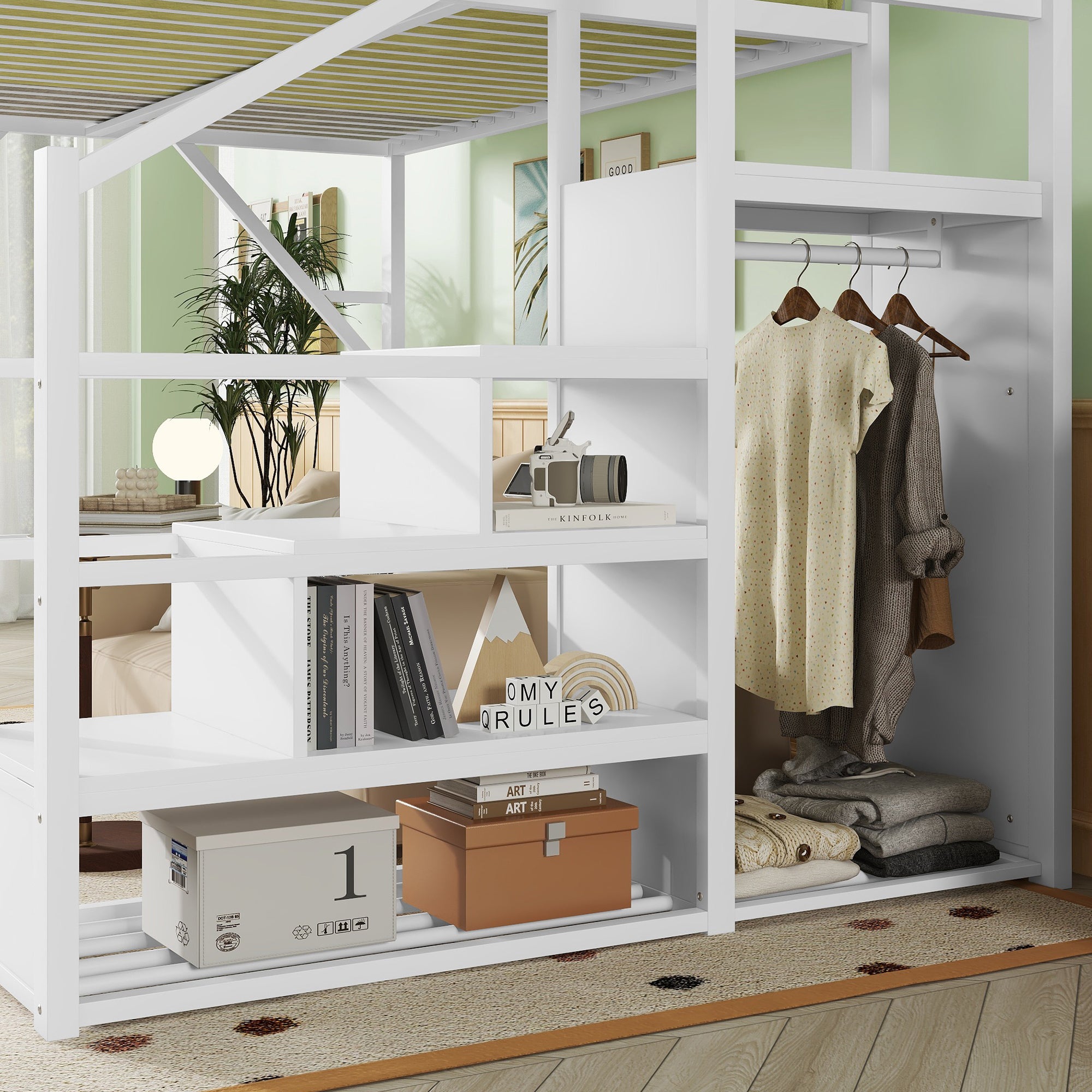 Queen Size Loft Bed with Stairs and Storage Shelves