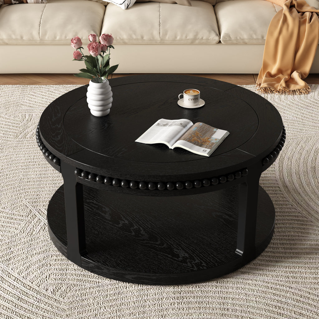 31.5-Inch Round Solid Wood Coffee Table, Two-Tier Open Storage, Black