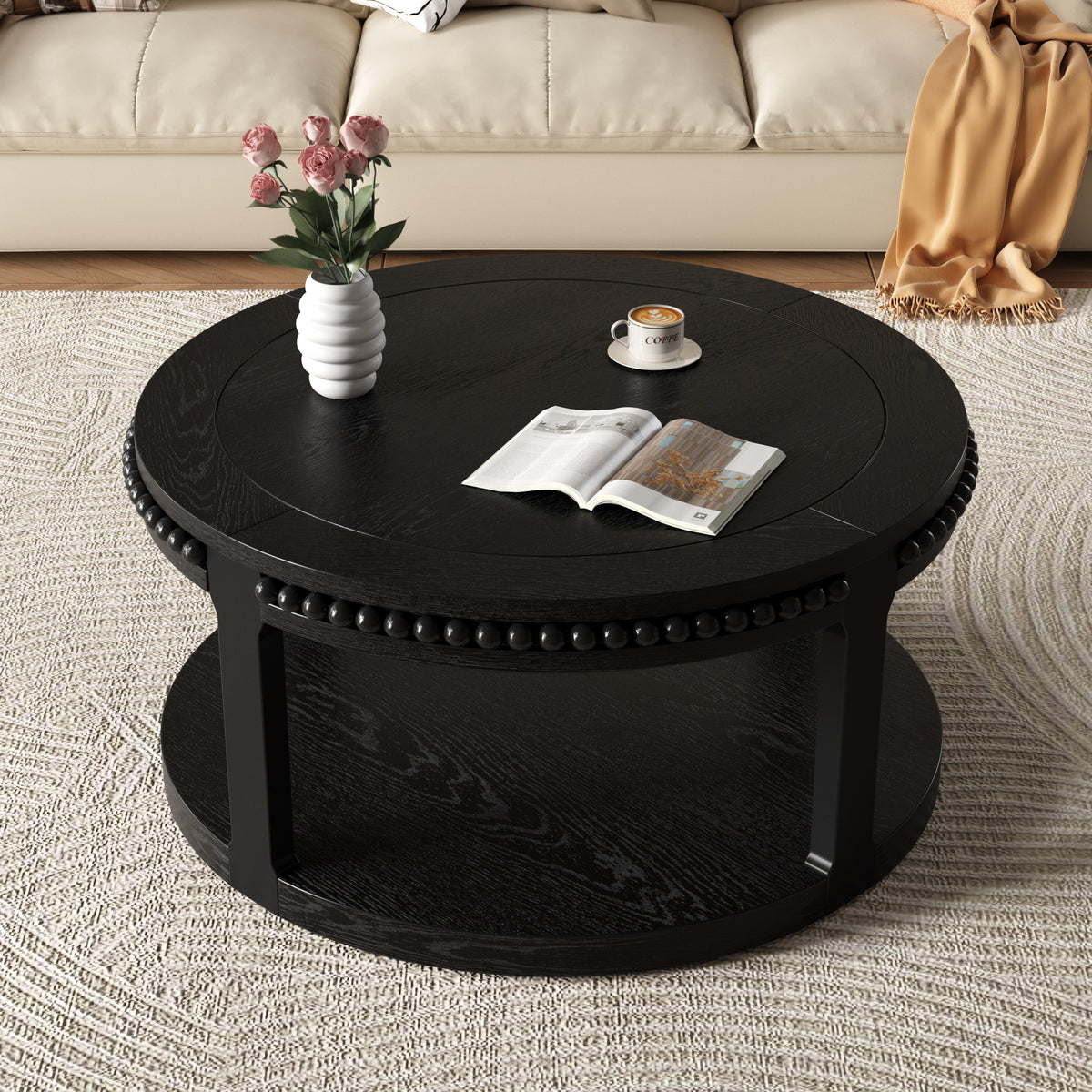 31.5-Inch Round Solid Wood Coffee Table, Two-Tier Open Storage, Black