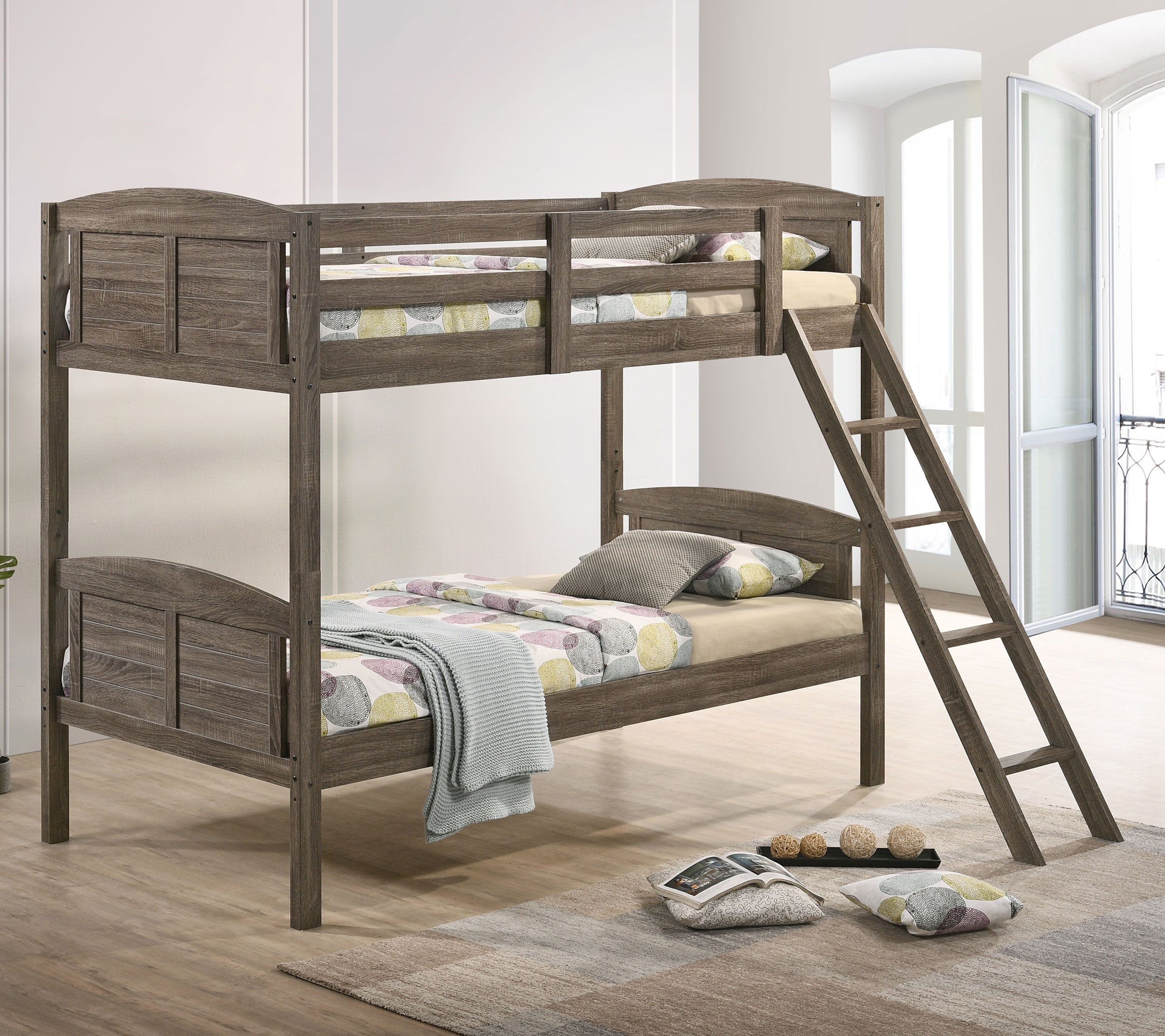 Flynn Wood Twin Over Twin Bunk Bed Weathered Brown-CoasterEveryday