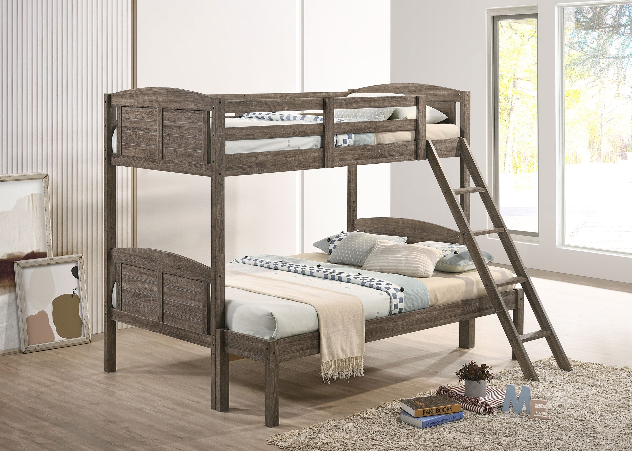 Flynn Wood Twin Over Full Bunk Bed with Mattress Weathered Brown-