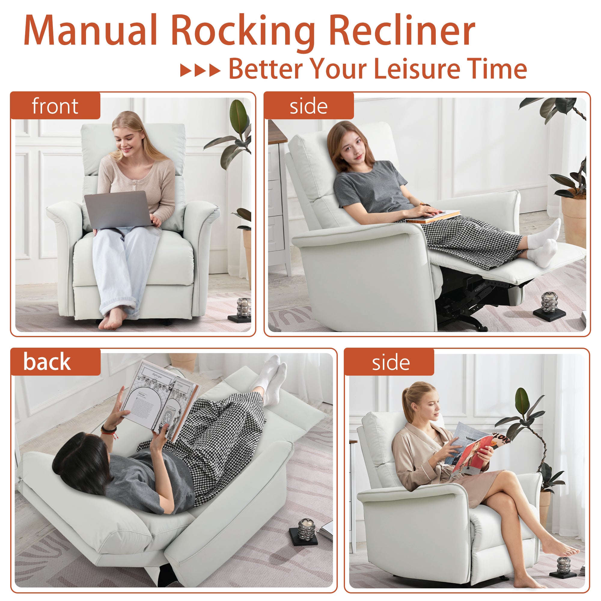 Manual Rocker Recliner Chair for Adults - PU Light Gray
