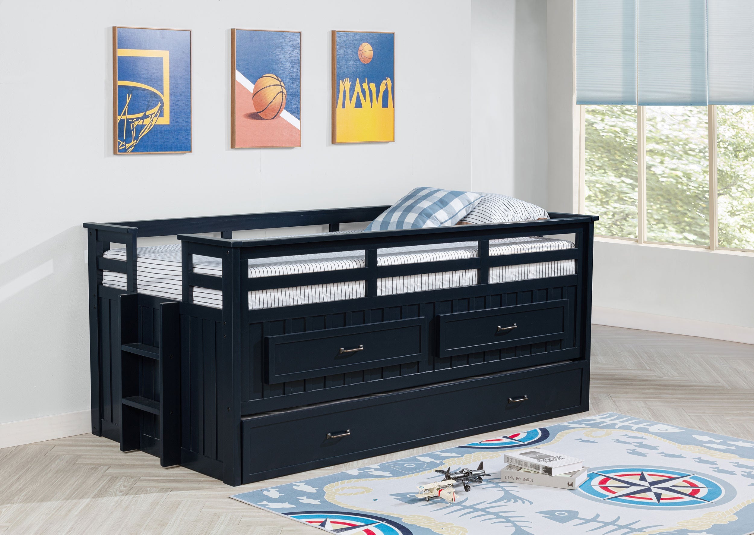 Carlsbad Wood Twin Captains Bed With Trundle Navy Blue-