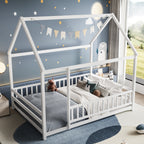 Full Size Floor Wooden Bed with House Roof Frame, Fence Guardrails