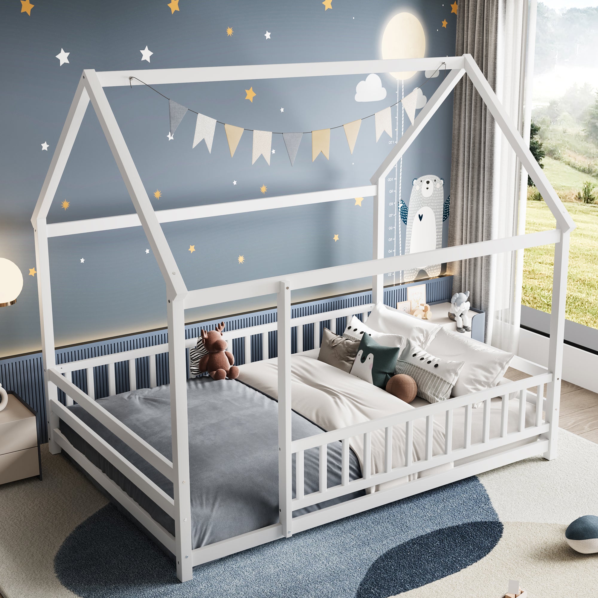 Full Size Floor Wooden Bed with House Roof Frame, Fence Guardrails