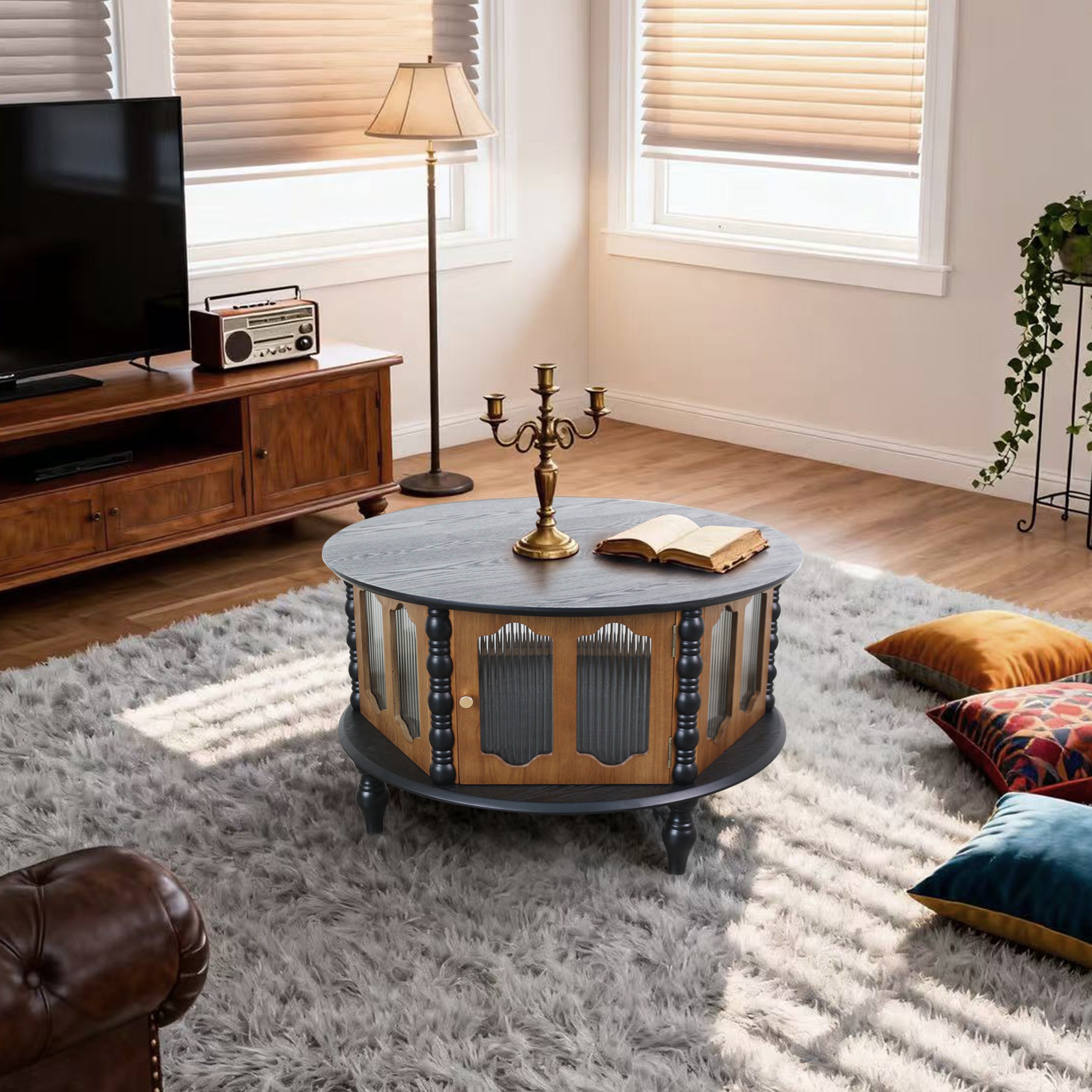 31.5" Round Wooden Coffee Table With Storage