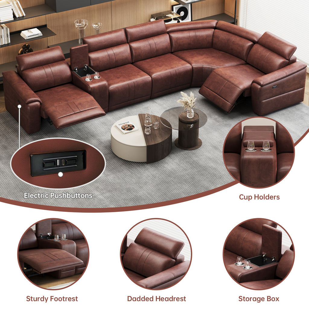 6-Piece Modular Leather Sofa with 2 Cup Holders