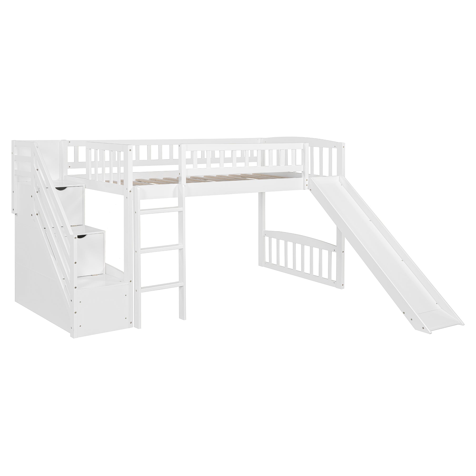 Stairway Twin Size Loft Bed with Two Drawers and Slide, White