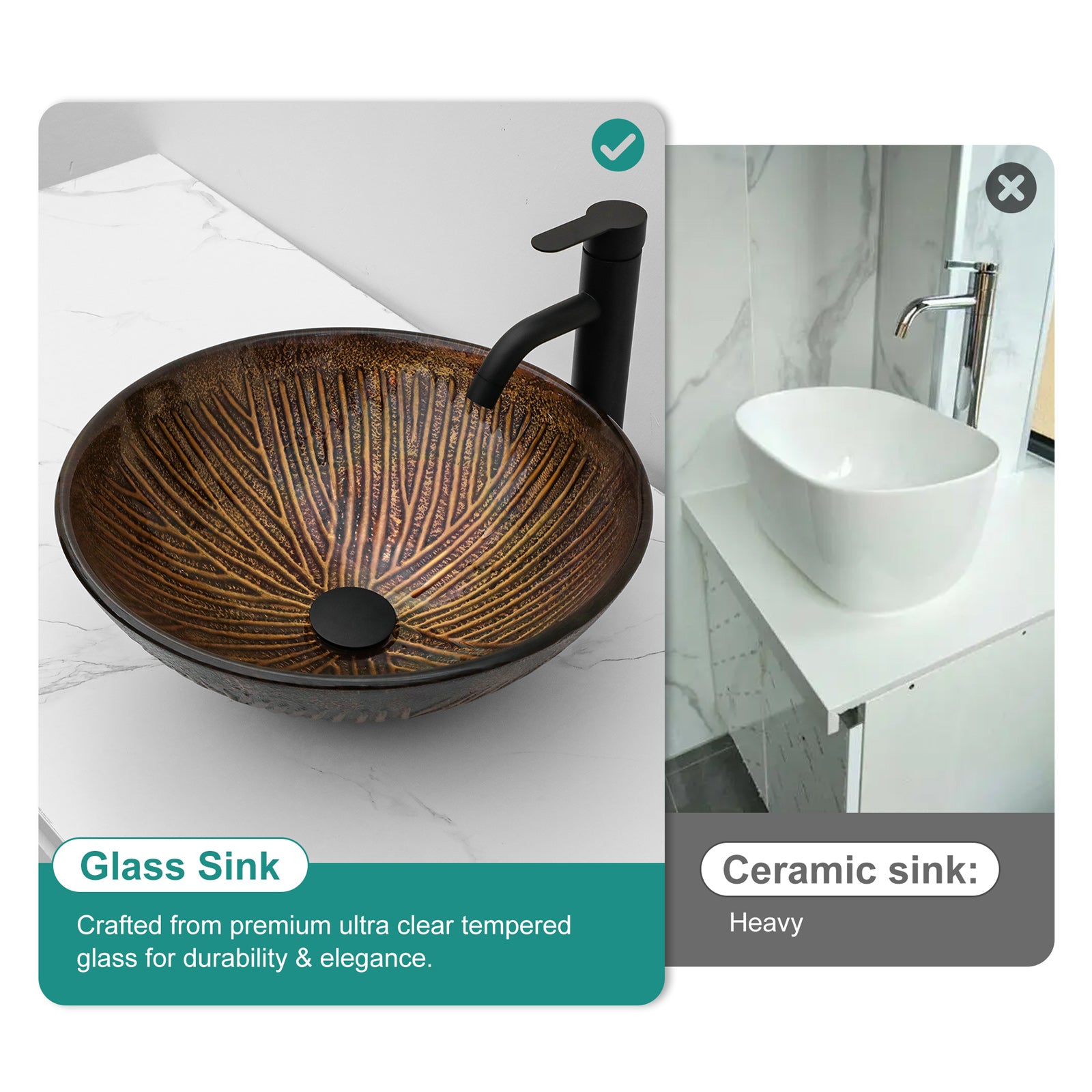 Artistic Feather Pattern Amber Tempered Glass Vessel Sink