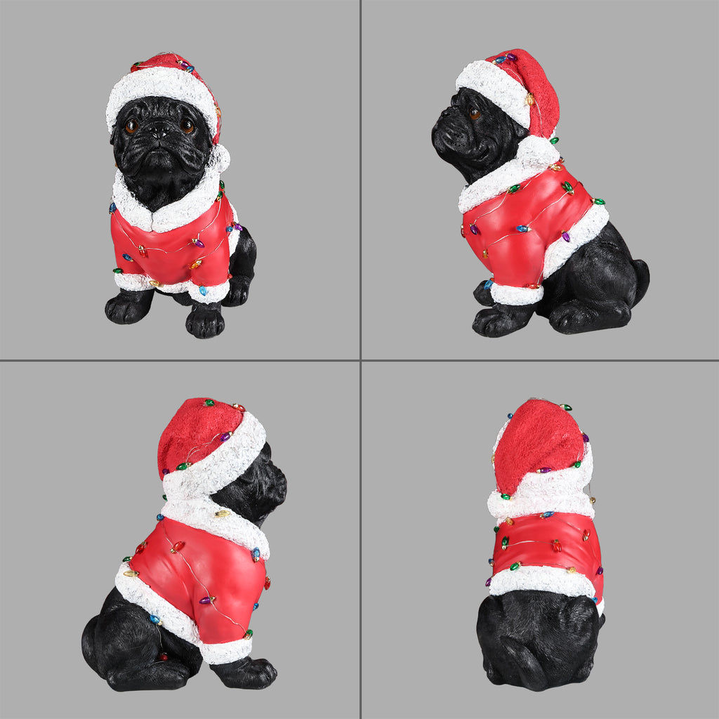 Christmas Pug Statue, Holiday Dog Figurine in Santa Outfit