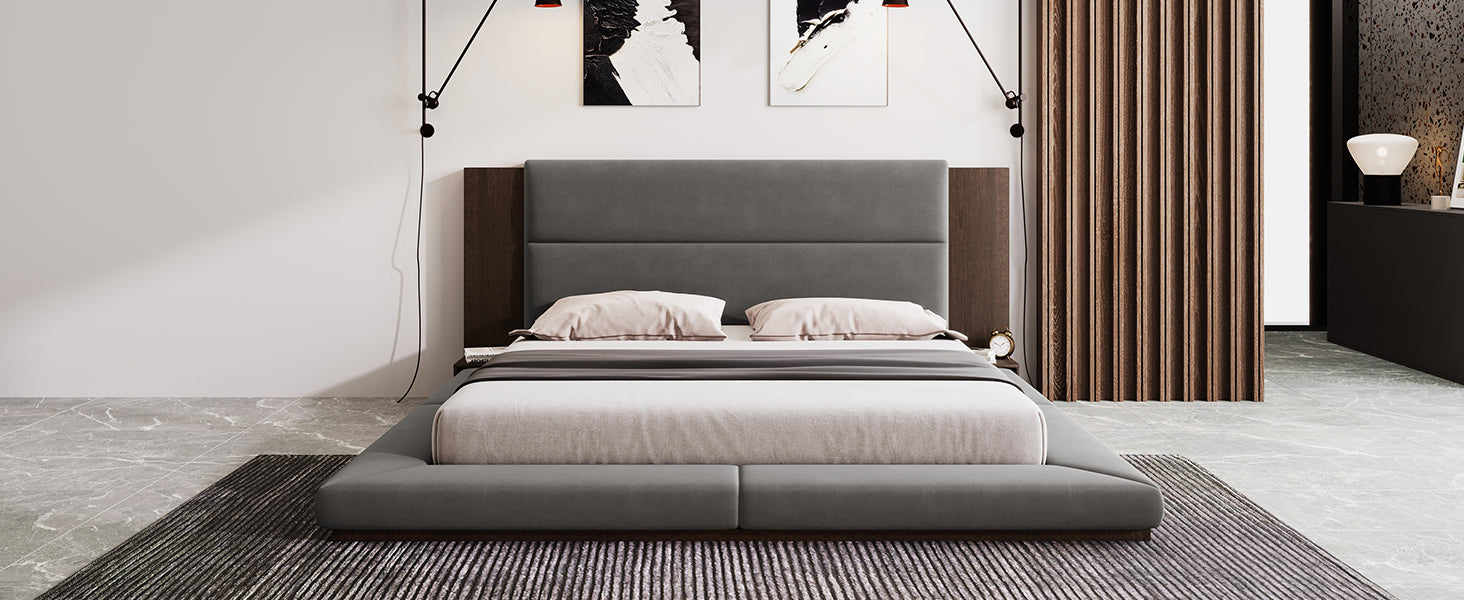 Floor Upholstered Platform Bed with Extended Wood Headboard