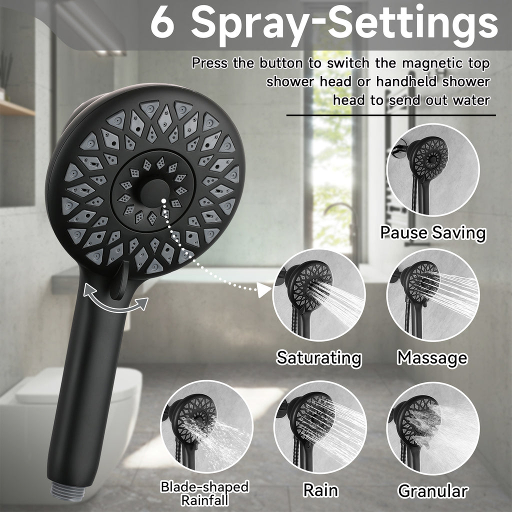 High Pressure Shower Heads 6 Spray Mode - Matte Black