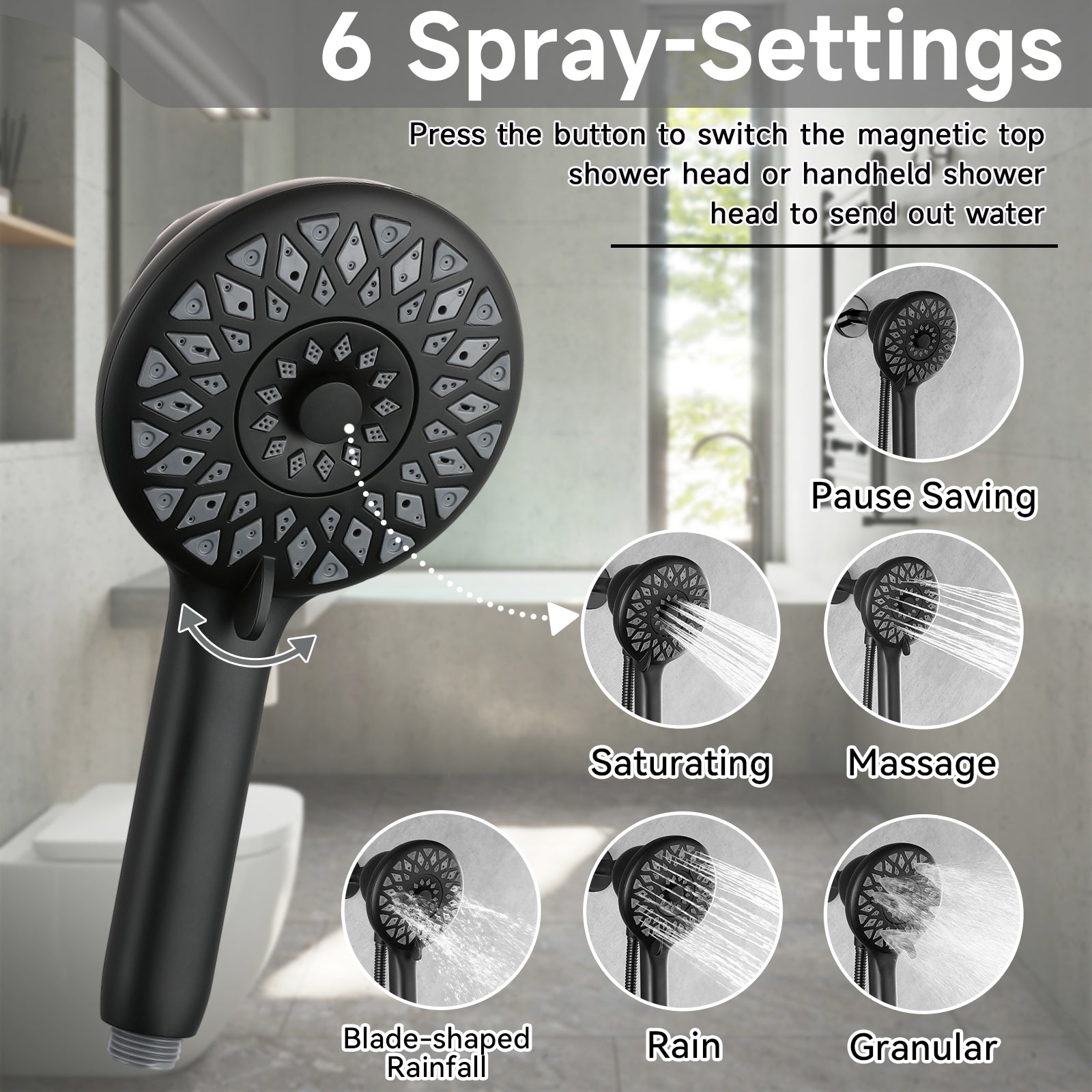 High Pressure Shower Heads 6 Spray Mode - Matte Black