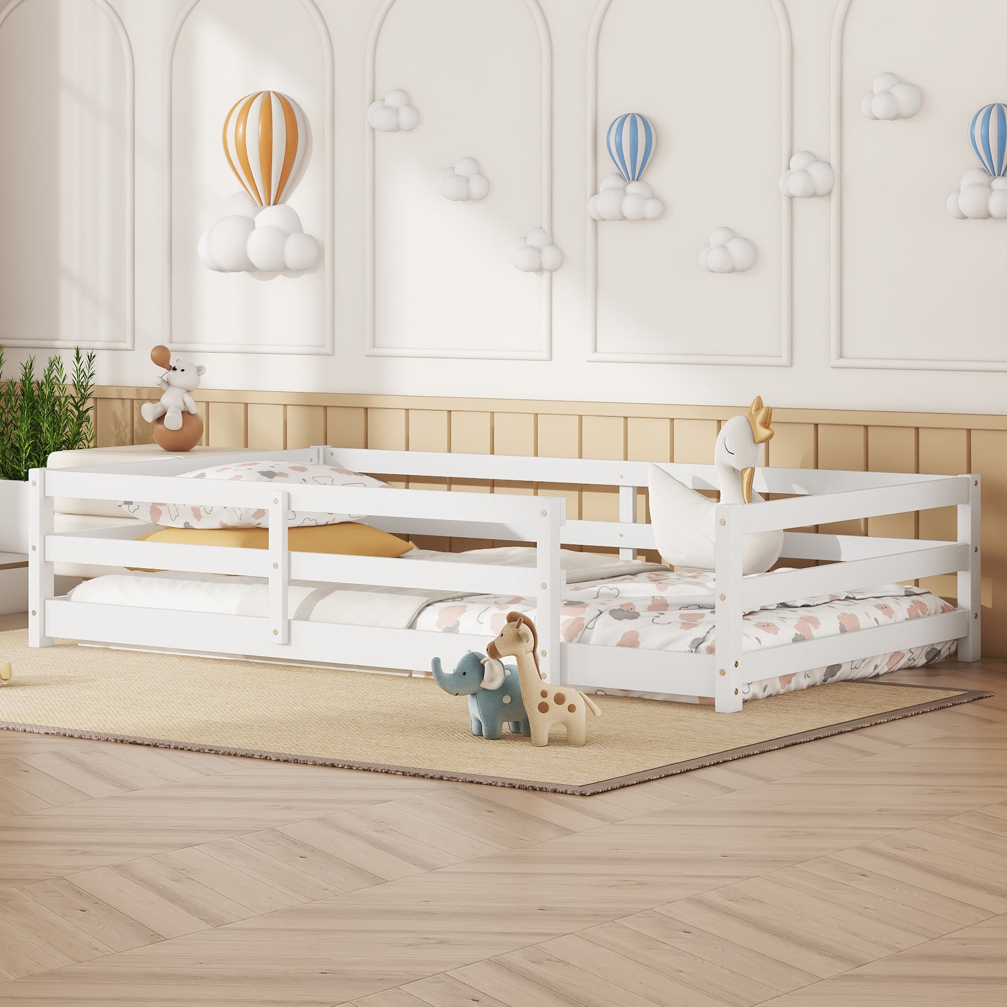 Montessori Twin Size Floor Bed with Fence, White