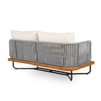 Lucca Outdoor 6 Seater Acacia Wood and Rope Woven Patio Conversation Set