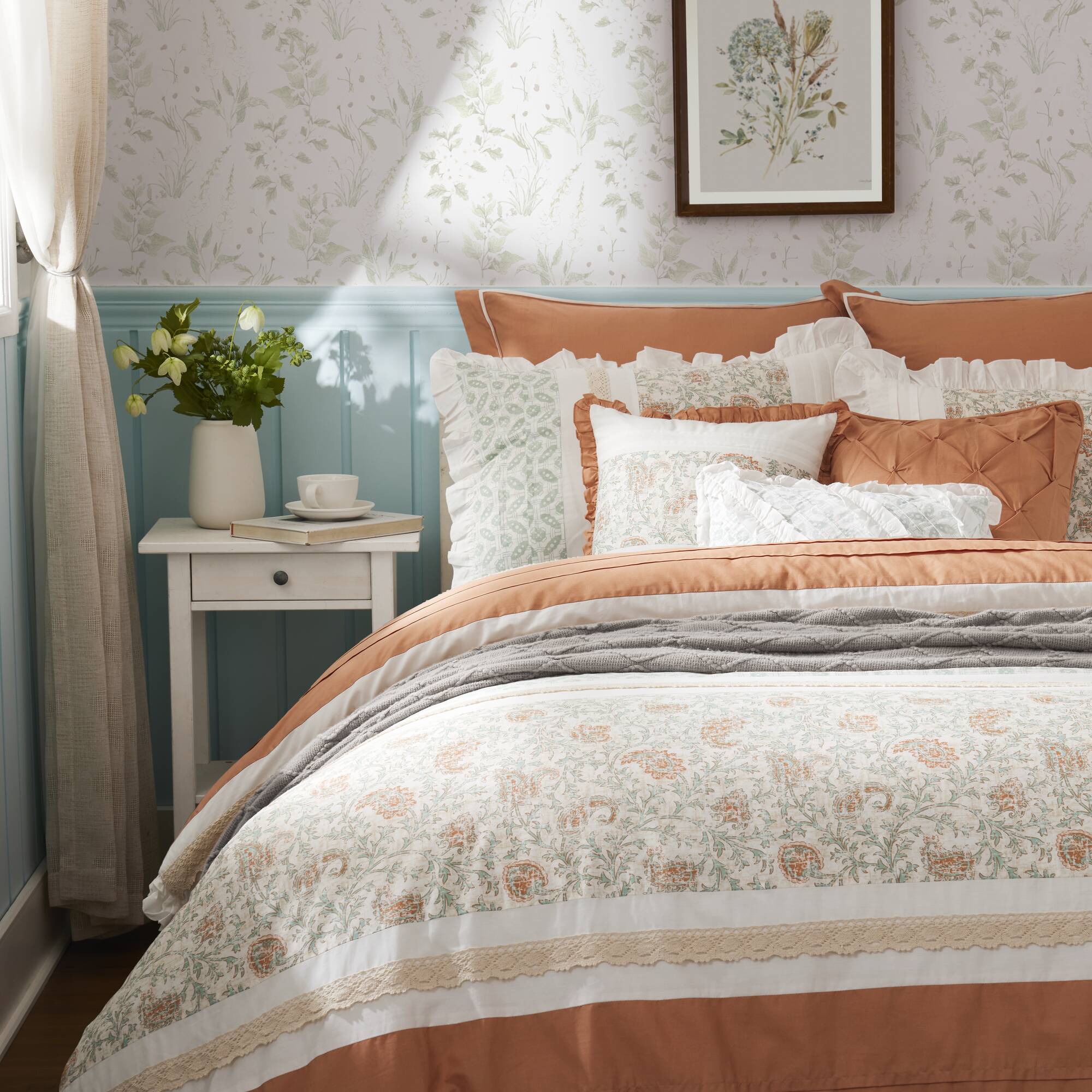 9 Piece Cotton Percale Comforter Set Coral King