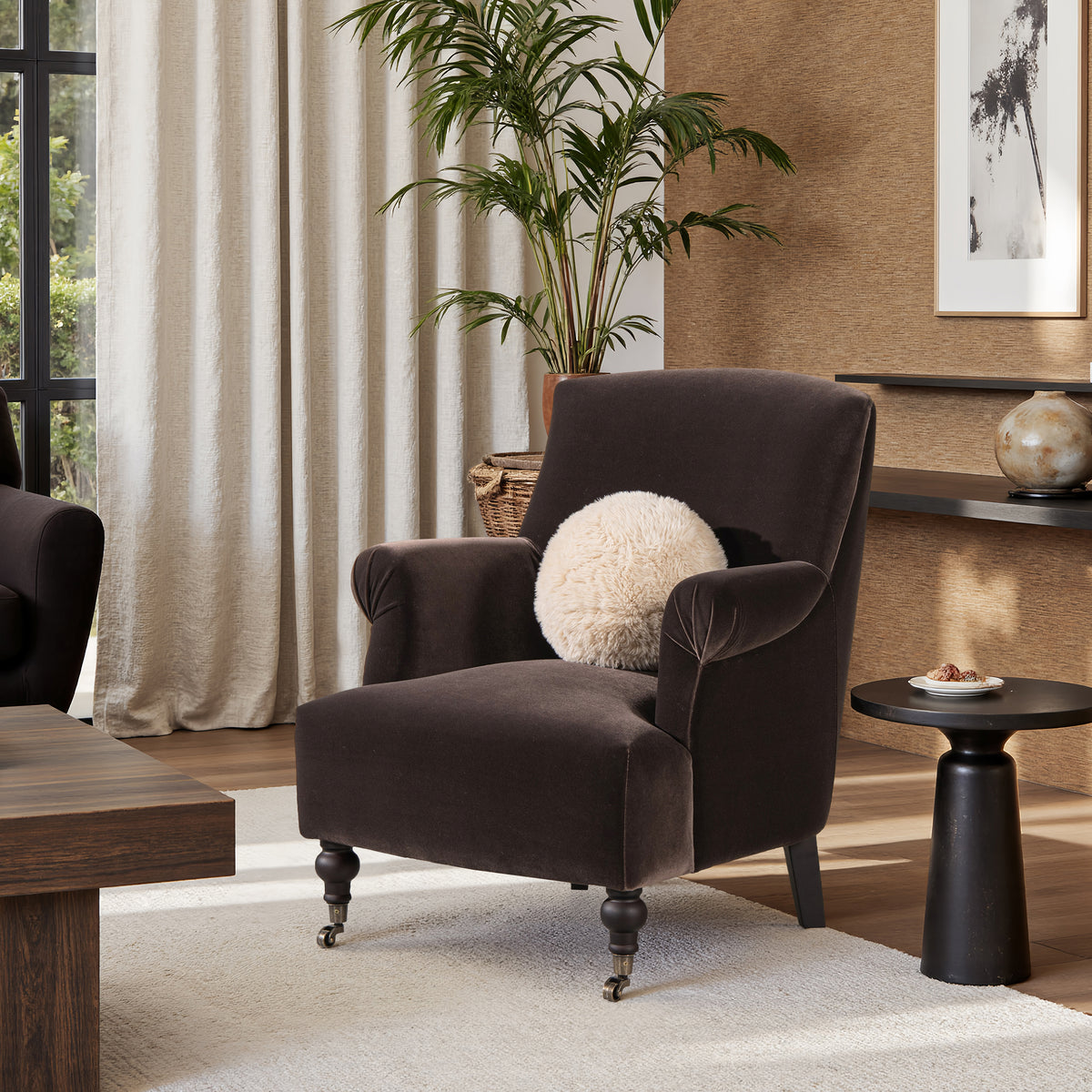 Eloise 30-Inch Pleated Sock Arm Accent Armchair, Deep Brown Velvet