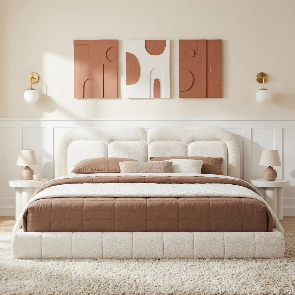 King Size Boucle Upholstered Platform Bed with Tufted Headboard